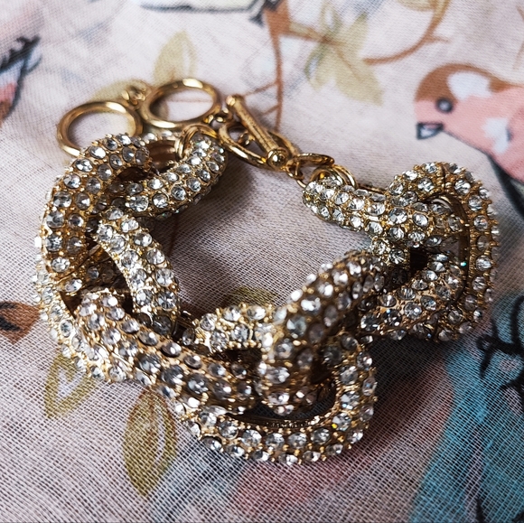 Chunky BOLD Gold Tone Rhinestone Encrusted Link Bracelet Rapper Style Unsigned - Picture 4 of 8